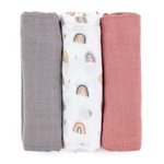 Kép 1/10 - Petite&Mars Bambusz muszlin 3db-os pelenka szett, Moussy Rose Rainbows, 68 x 68 cm