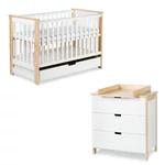 Kép 1/7 - Klups Iwo kiságy ágyneműtartóval 60x120 + komód - fehér&fenyő