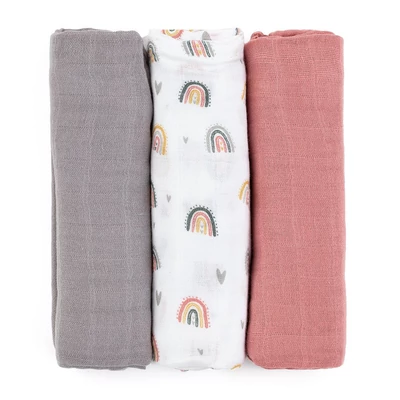 Petite&Mars Bambusz muszlin 3db-os pelenka szett, Moussy Rose Rainbows, 68 x 68 cm