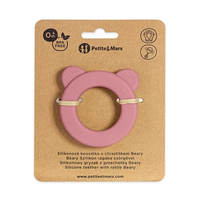 Petite&Mars Beary Szilikon rágóka csörgővel, Dusty Rose, 0 hó+
