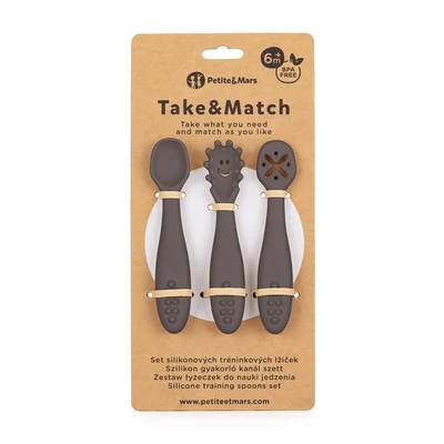 PETITE&MARS Szilikon gyakorló kanál szett 3 db Take&Match Bitter Cocoa 6m+