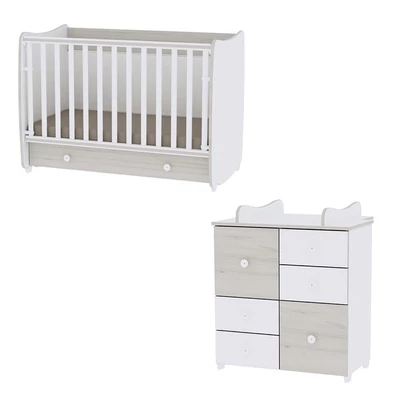 Lorelli Dream kiságy 60x120 + Cupboard pelenkázó komód - White & Light Oak