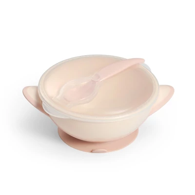 BabyOno tányér - tapadó aljú, fedeles, kanállal krém/rózsaszín 1063/06