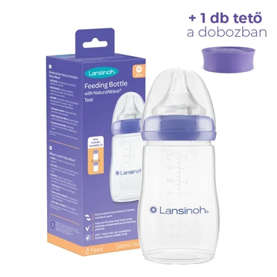 Lansinoh Cumisüveg közepes folyású etetőcumival + fedéllel, 240 ml