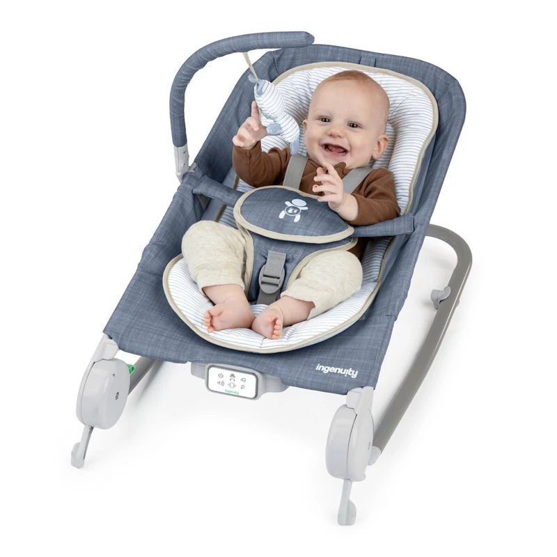 Ingenuity Rezgő masszázs pihenőszék dallamokkal, Happy Belly™, Rock-to-Bounce, Chambray, 0 hó