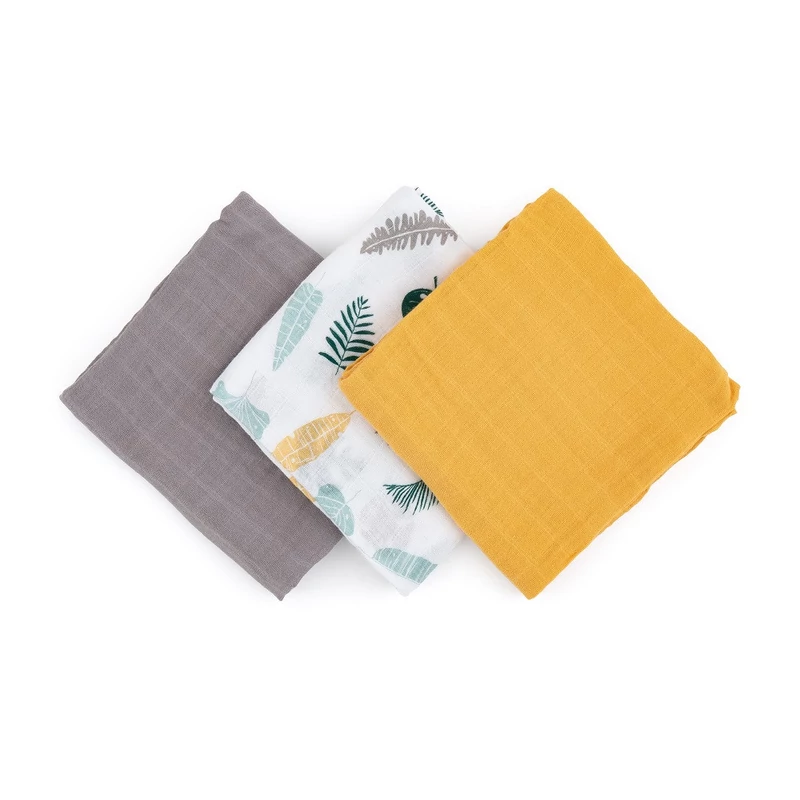 Petite&Mars Bambusz muszlin 3db-os pelenka szett, Moussy Ochre Leaves, 68 x 68 cm
