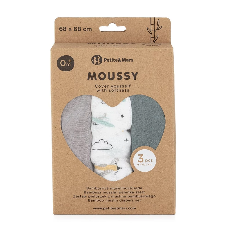 Petite & Mars Bambusz muszlin 3db-os pelenka szett Moussy Grey Planes, 68 x 68 cm