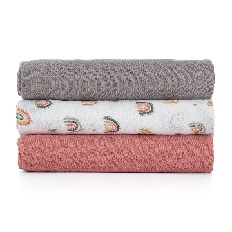 Petite&Mars Bambusz muszlin 3db-os pelenka szett, Moussy Rose Rainbows, 68 x 68 cm