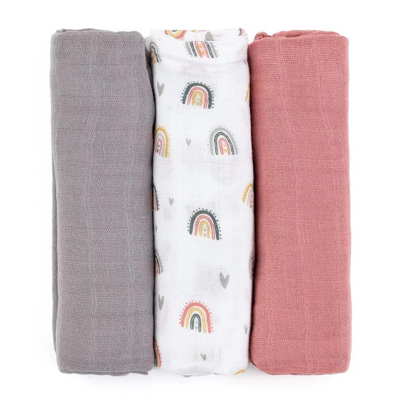 Petite&Mars Bambusz muszlin 3db-os pelenka szett, Moussy Rose Rainbows, 68 x 68 cm