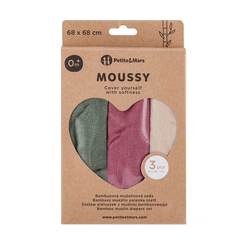 PETITE&MARS Bambusz muszlin 3db-os pelenka szett Moussy Botanic Tones 68 x 68 cm