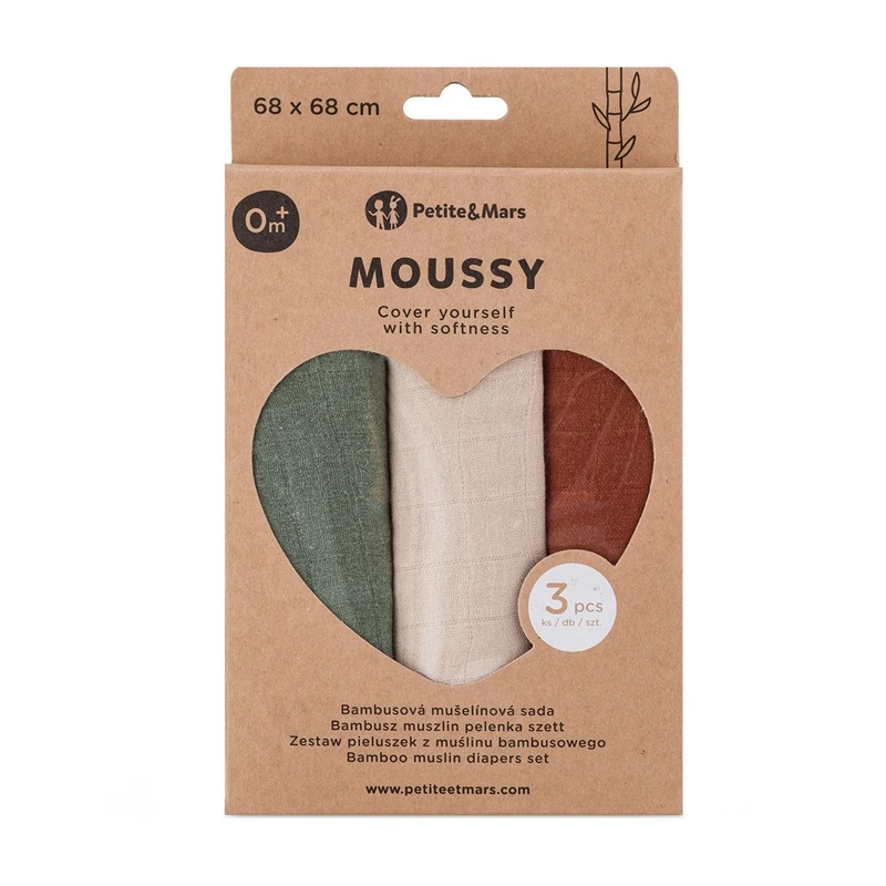 PETITE&MARS Bambusz muszlin 3db-os pelenka szett Moussy Earth Tones 68 x 68 cm