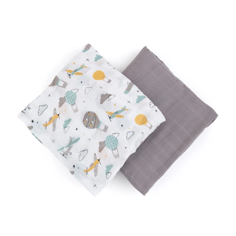 Petite&Mars Bambusz muszlin 2db-os pelenka szett, Misty Grey Planes, 120 x 120 cm