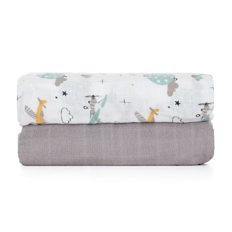 Petite&Mars Bambusz muszlin 2db-os pelenka szett, Misty Grey Planes, 120 x 120 cm