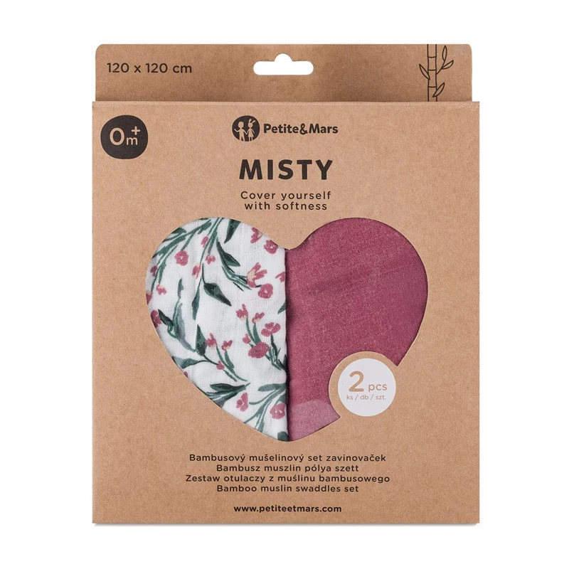 PETITE&MARS Bambusz muszlin 2db-os pelenka szett Misty Pink Meadow 120 x 120 cm