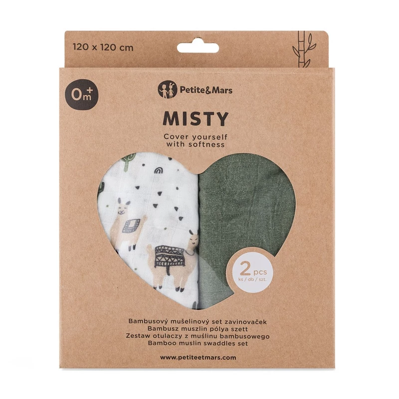 PETITE&MARS Bambusz muszlin 2db-os pelenka szett Misty Llama Vibes 120 x 120 cm
