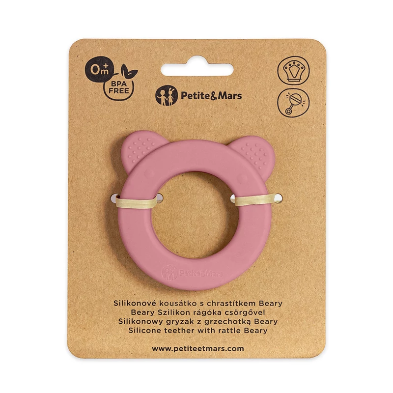Petite&Mars Beary Szilikon rágóka csörgővel, Dusty Rose, 0 hó+