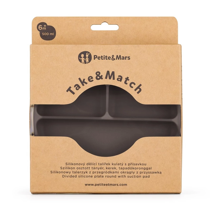 PETITE&MARS Szilikon osztott tányér, kerek Take&Match Bitter Cocoa 6m+