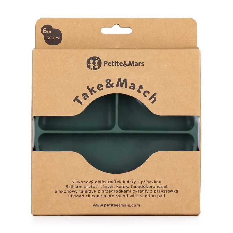 Petite&Mars Szilikon osztott kerek tányér, Take&Match, Misty Green, 6 hó+