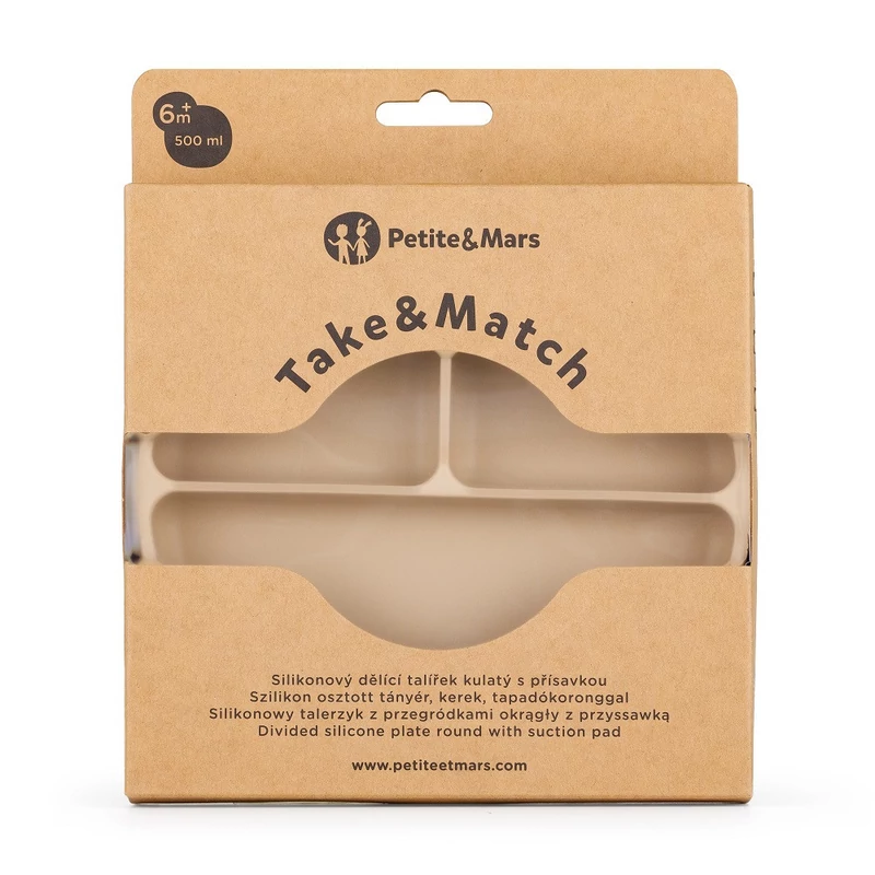 Petite&Mars Szilikon osztott kerek tányér, Take&Match, Desert Sand, 6 hó+