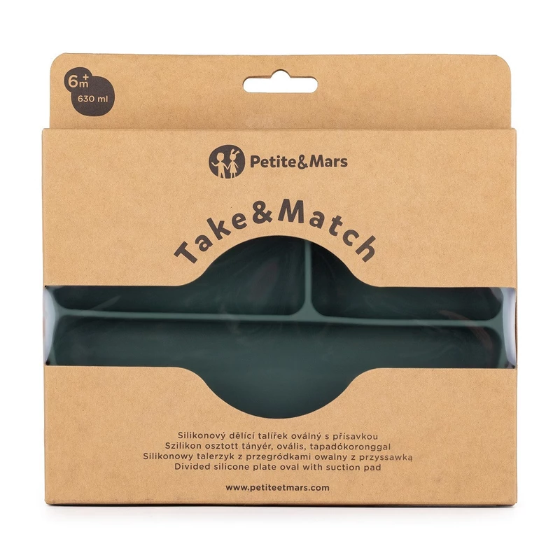 Petite&Mars Szilikon osztott ovális tányér, Take&Match, Misty Green, 6 hó+