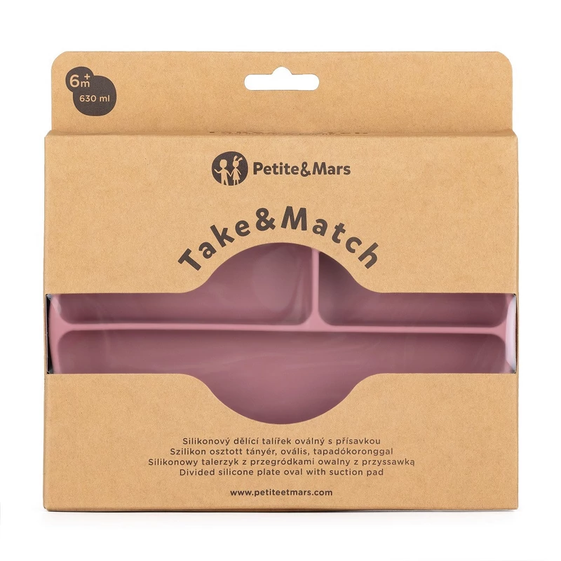 Petite&Mars Szilikon osztott ovális tányér, Take&Match, Dusty Rose, 6 hó+