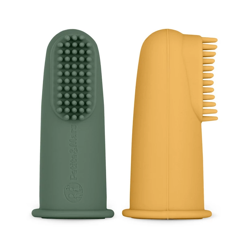 Petite&Mars Szilikon ujjra húzható 2 db fogkefe szett, Ochre&Green, 0 hó+