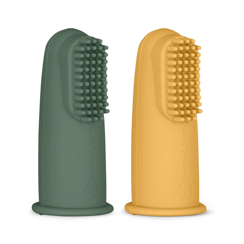 Petite&Mars Szilikon ujjra húzható 2 db fogkefe szett, Ochre&Green, 0 hó+