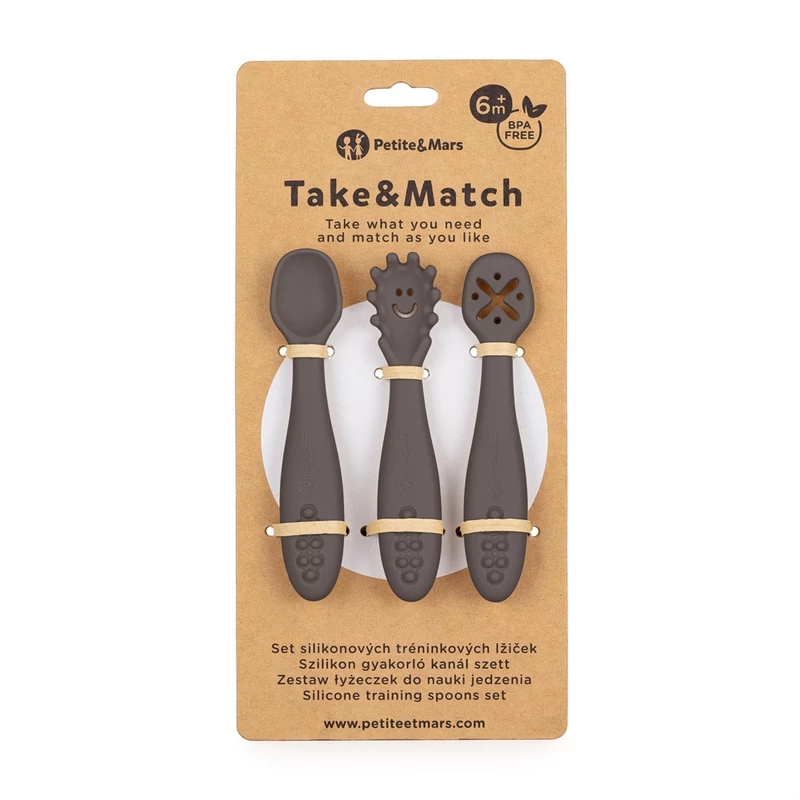 PETITE&MARS Szilikon gyakorló kanál szett 3 db Take&Match Bitter Cocoa 6m+