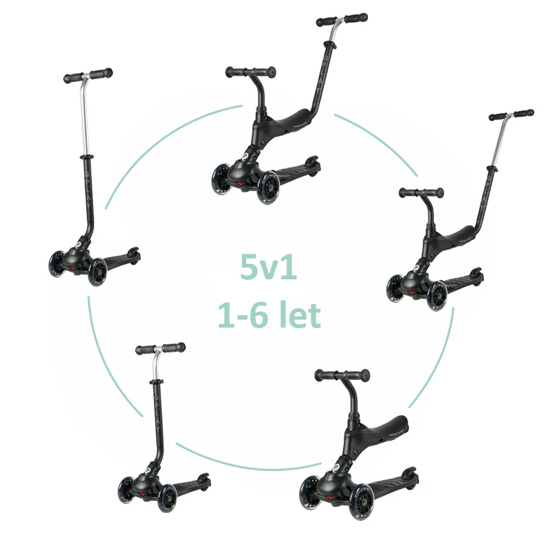 QPLAY Kolobežka Sema Pro Black, 5 v 1, s LED kolečky, věk 1-6 let