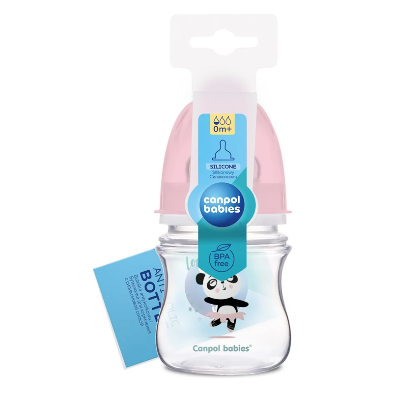 Canpol babies Anti-kólikás cumisüveg, EasyStart, EXOTIC ANIMALS, 120 ml - rózsaszín