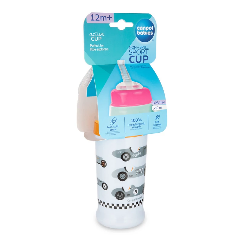 Canpol babies Sport itatópohár, cseppmentes szilikon szívószállal, 350 ml, RACING - világoské