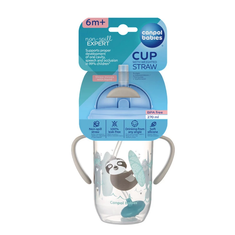 Canpol babies Súlyozott szívószálas cseppmentes itatópohár, 270ml, 6hó+, EXOTIC ANIMALS - sz?
