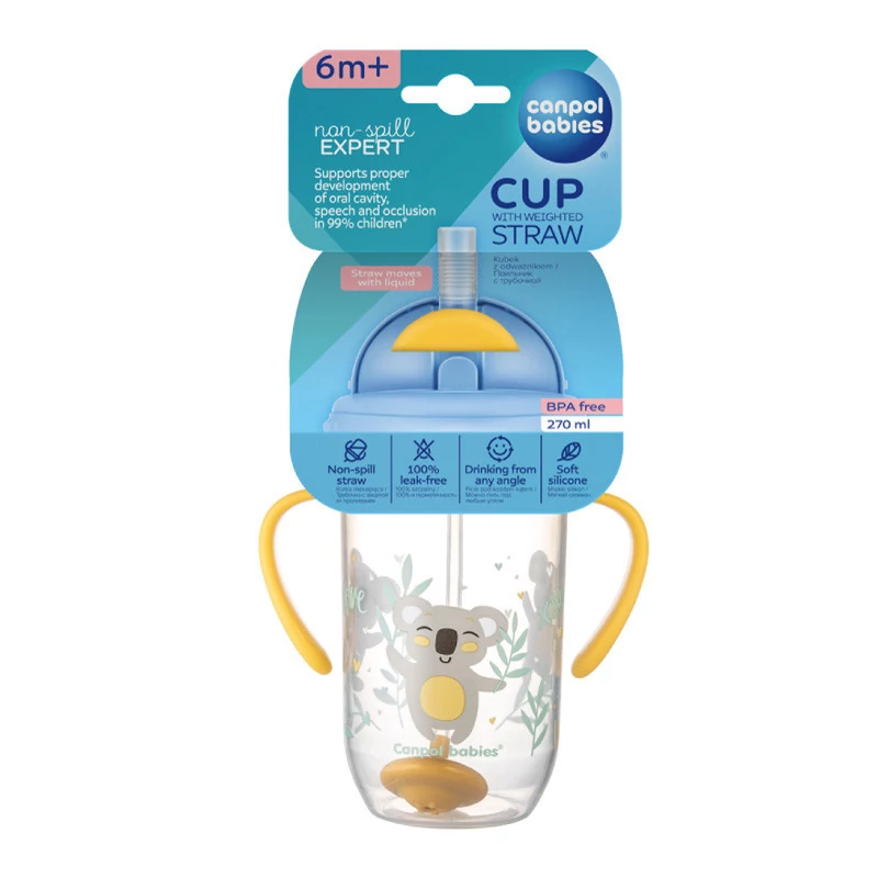 Canpol babies Súlyozott szívószálas cseppmentes itatópohár, 270ml, 6hó+, EXOTIC ANIMALS - sá