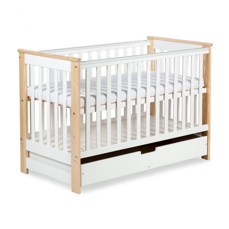 Klups Iwo kiságy ágyneműtartóval 60x120 + komód - fehér&fenyő