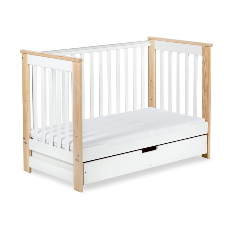 Klups Iwo kiságy ágyneműtartóval 60x120 + komód - fehér&fenyő