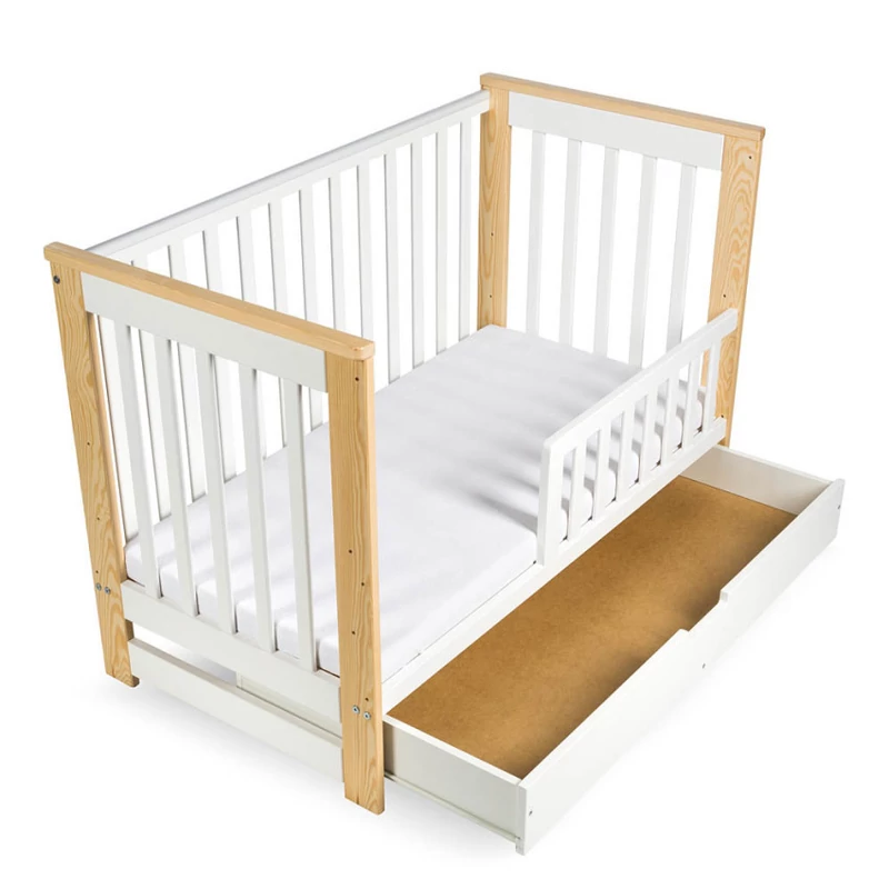 Klups Iwo kiságy ágyneműtartóval 60x120 + komód - fehér&fenyő