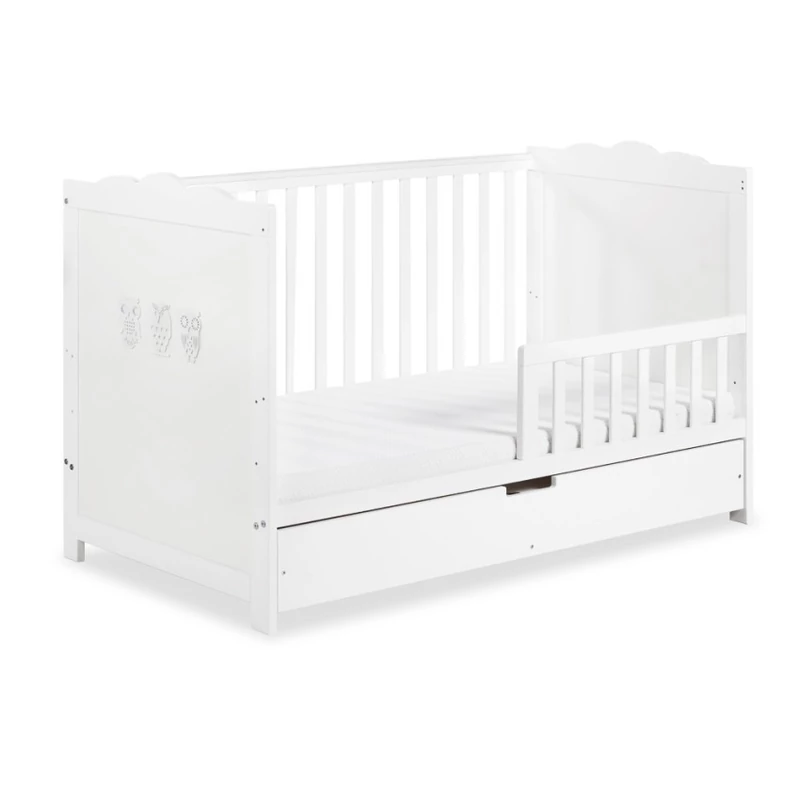 Klups Marsell kiságy leesésgátlóval és ágyneműtartóval 70x140 + nyitott állószekrény - fe