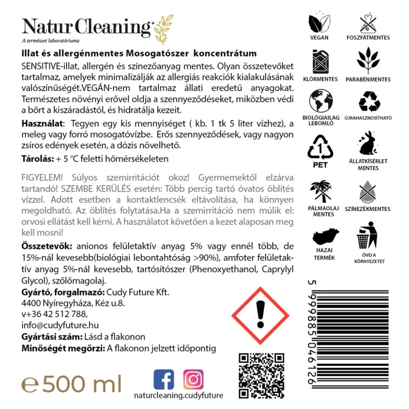 NaturCleaning Mosogatószer koncentrátum 500 ml pumpás - sensitive illat és allergénmentes