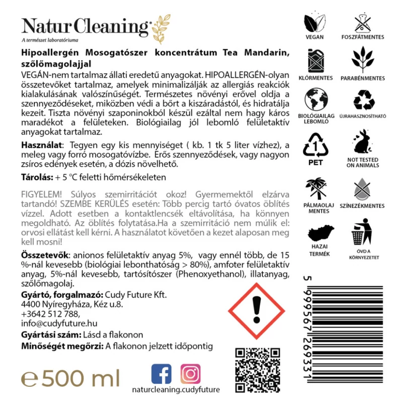 NaturCleaning Mosogatószer koncentrátum 500 ml pumpás - tea-mandarin