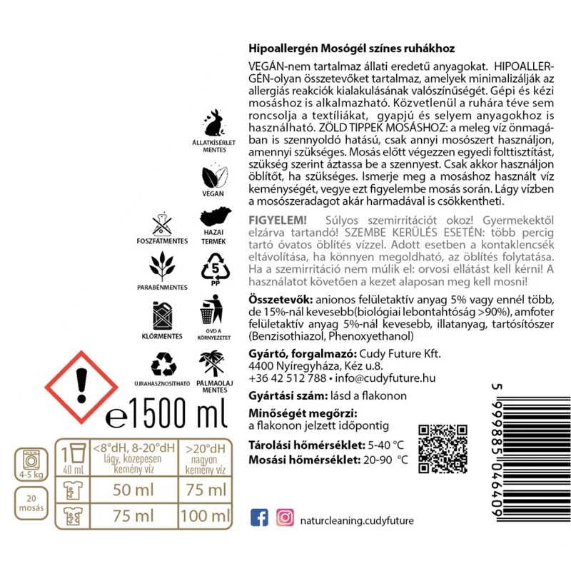 NaturCleaning Color hipoallergén mosógél 1,5 liter