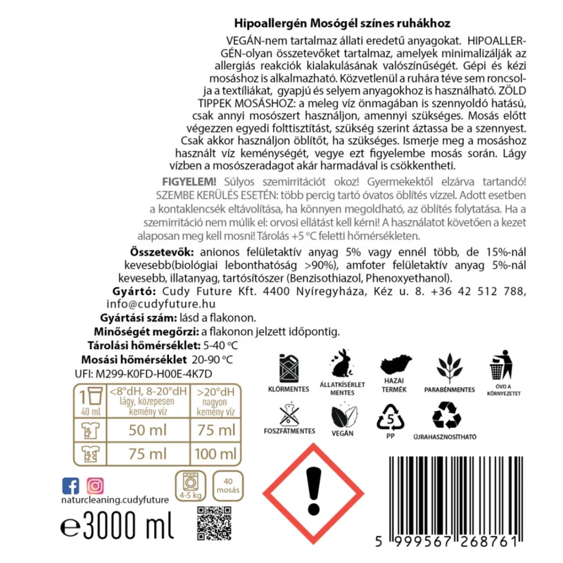 NaturCleaning Color hipoallergén mosógél 3 liter