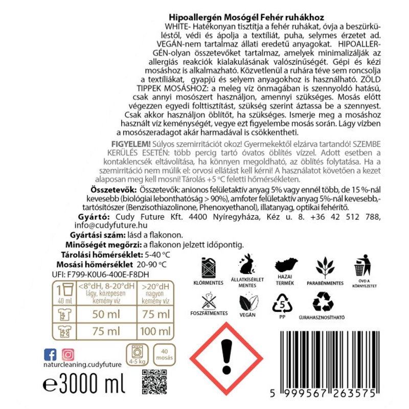 NaturCleaning White hipoallergén mosógél 3 liter
