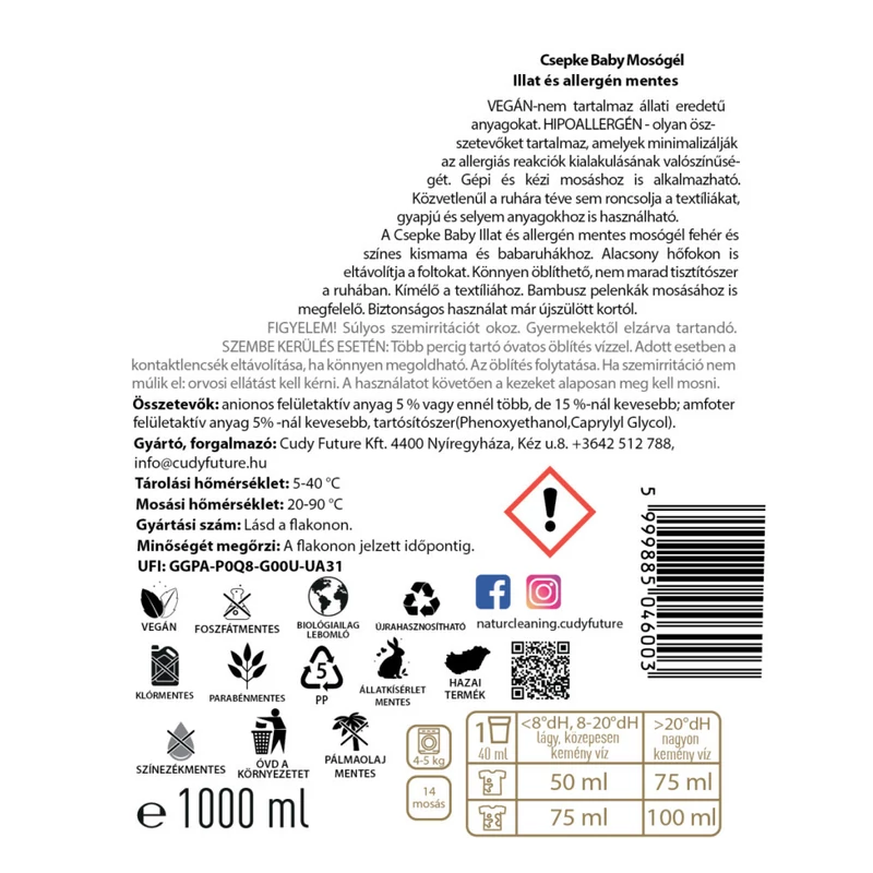 Csepke Baby allergénmentes mosógél 0m+ - 1 liter