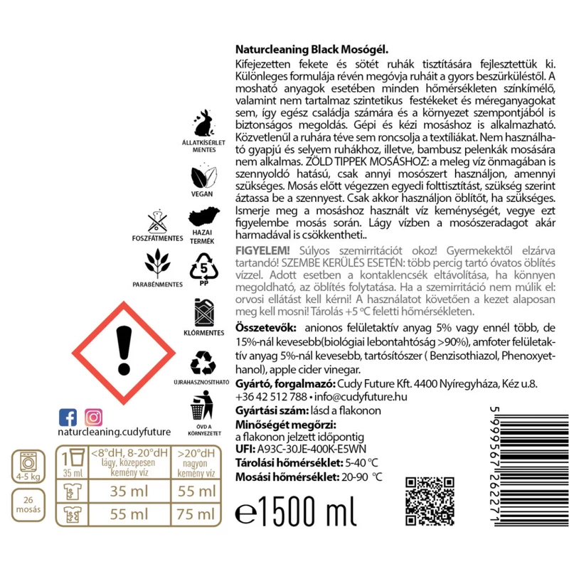 NaturCleaning Black hipoallergén mosógél 1,5 liter