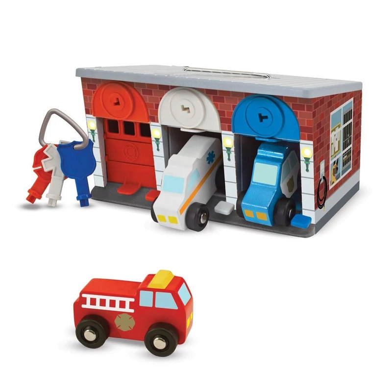 Melissa & Doug Fa készségfejlesztő játék, Garázs kulcsokkal és készenléti járművekkel