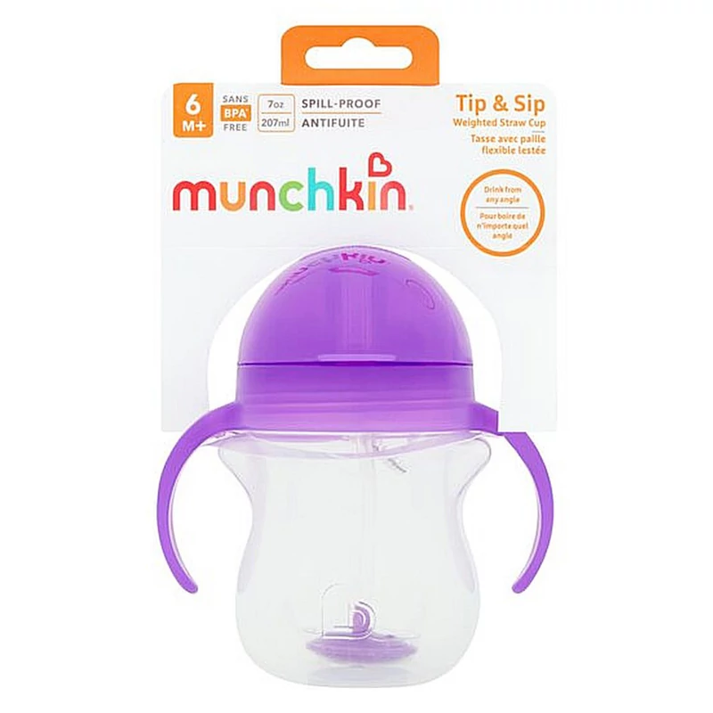 Munchkin itatópohár szívószálas súlyozott Tip and Sip 207ml 6hó lila