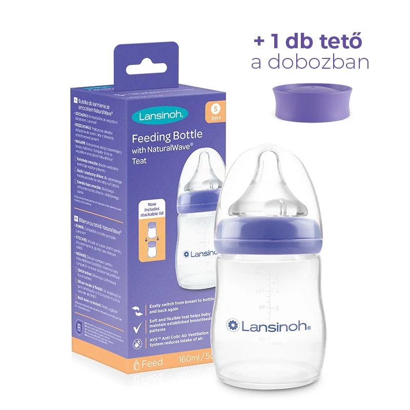 Lansinoh Cumisüveg közepes folyású etetőcumival + fedéllel, 160 ml